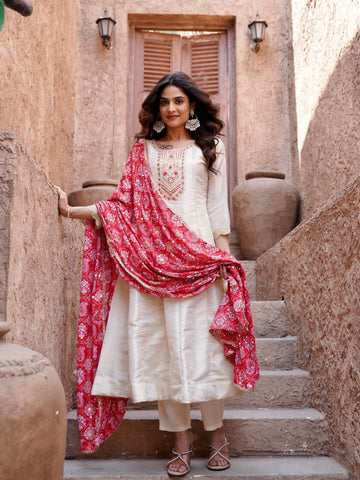 Classic Red and Ivory Ready to Wear Dress Geetha Creation